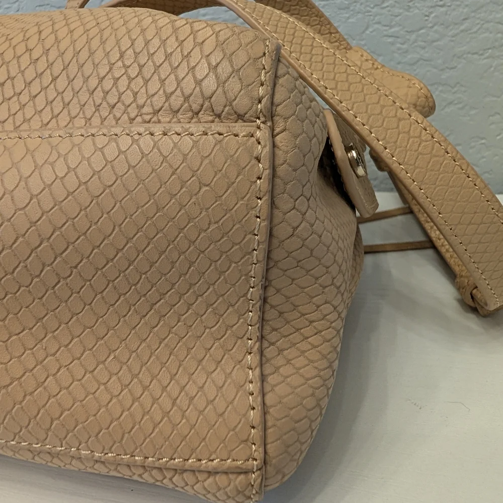 Elaine Turner Tan Snakeskin Embossed Leather Bamboo Handle Satchel Crossbody Bag